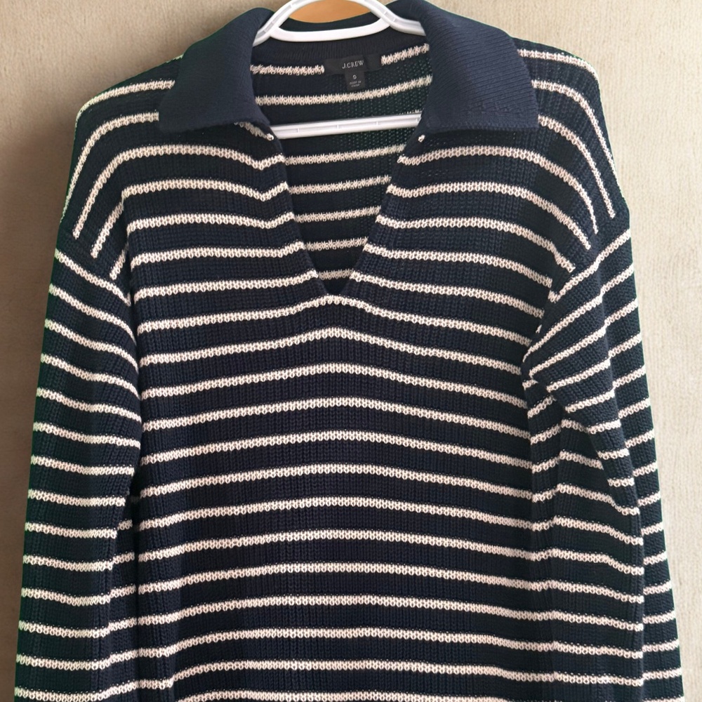 J.Crew Striped Collared V-Neck Sweater - Navy & Cream - Size S